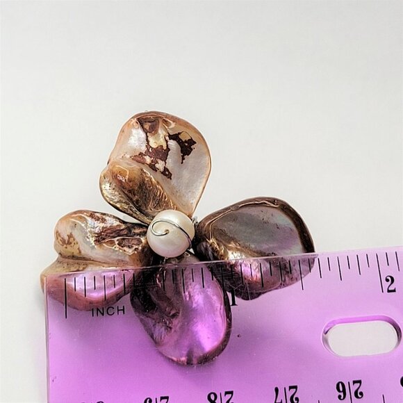 Brown Sea Shell Freshwater Pearl Bead Asymmetric Flower Adjustable Ring - Picture 6 of 13